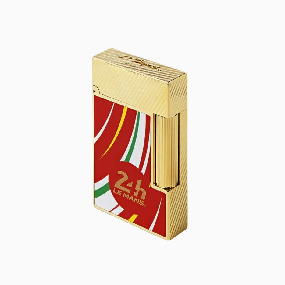 A S.T. Dupont Le Mans Line 2 Red and Gold Lighter with a palladium finish.