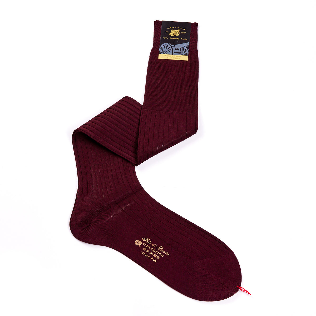 A pair of burgundy KirbyAllison.com Sovereign Grade Super-Fine Over-the-Calf 920L 100% Cotton dress socks.