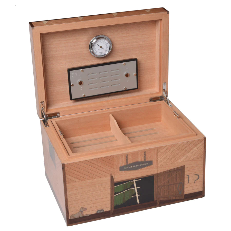 A wooden Elie Bleu "Casa Cubana El Secadero" Humidor - 75 Cigars box with a clock inside.
