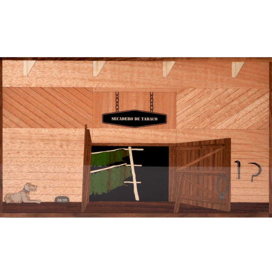 A picture of a barn with a wooden door showcasing the Elie Bleu "Casa Cubana El Secadero" Humidor - 75 Cigars.