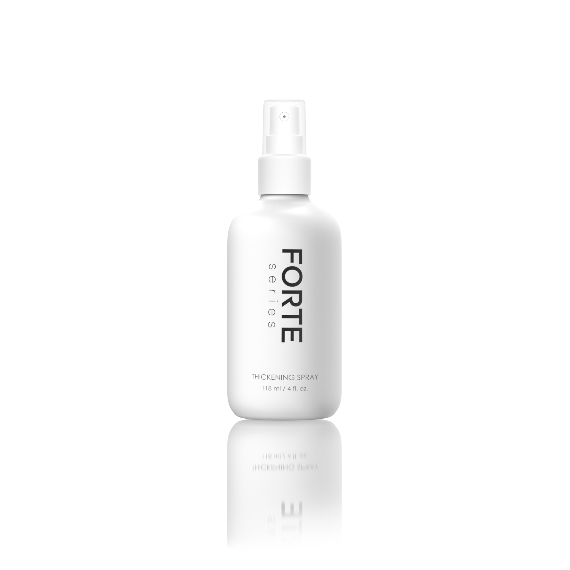 A bottle of Forte Series Hair Thickening Spray on a white background, promoting denser-looking head of hair, by KirbyAllison.com.