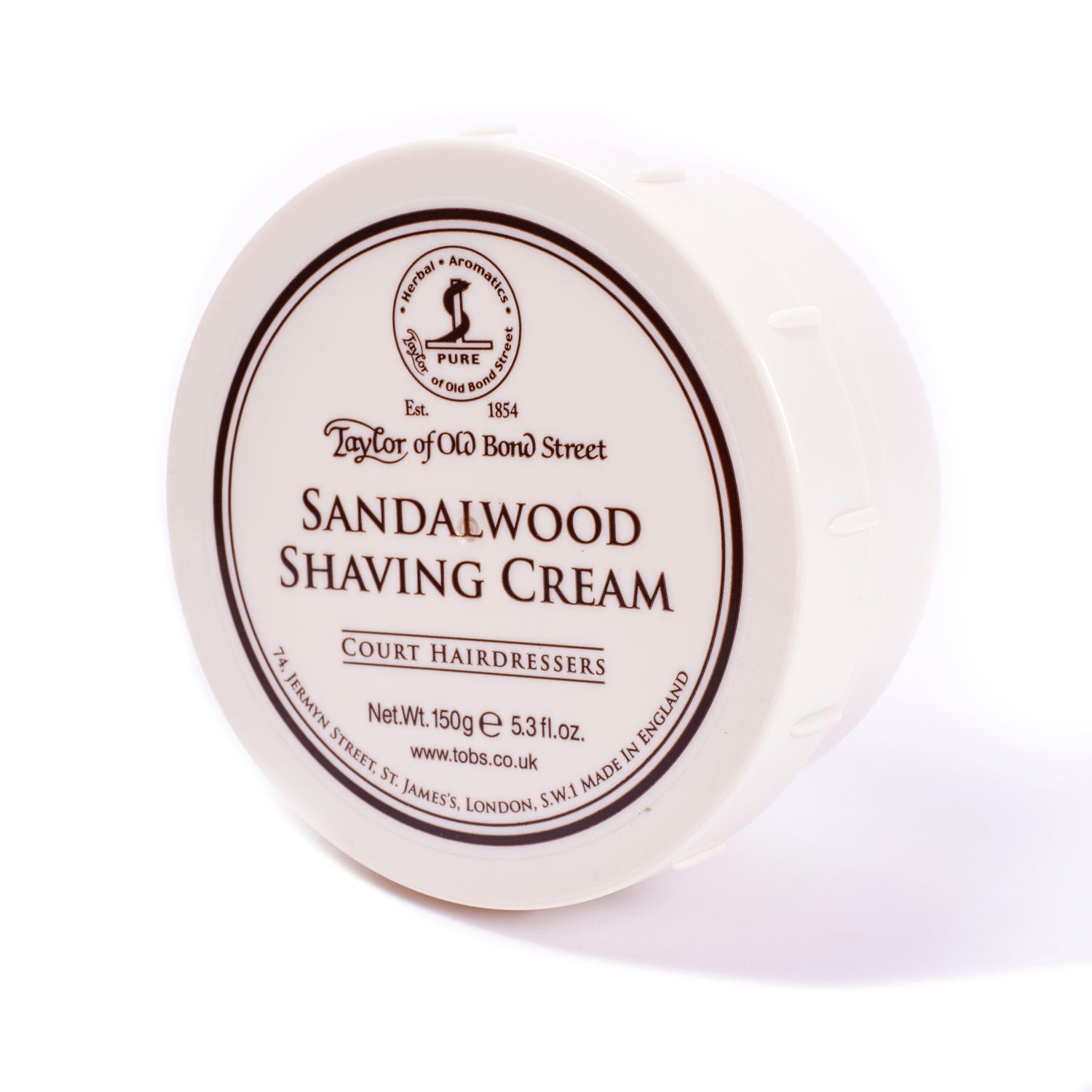 A tin of Sandalwood Shaving Cream Bowl by Taylor of Old Bond Street from KirbyAllison.com on a white background.