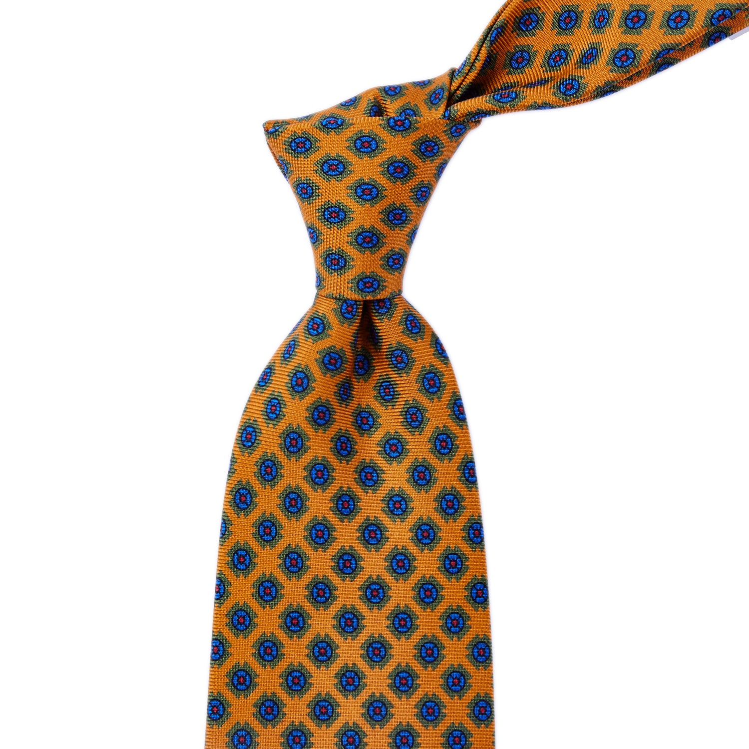 A Sovereign Grade Amber Deco Square Printed Silk Tie in blue and orange color by KirbyAllison.com.