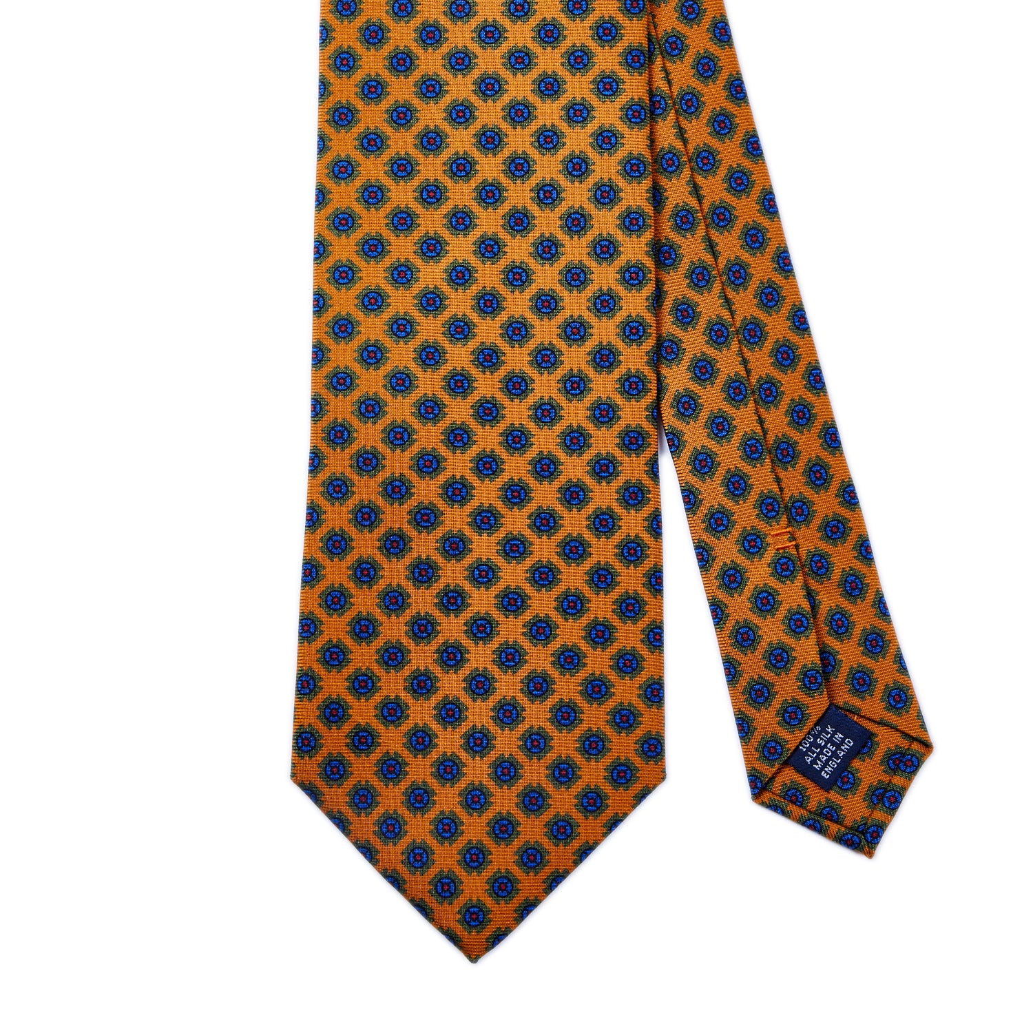 A Sovereign Grade Amber Deco Square Printed Silk Tie by KirbyAllison.com with orange and blue polka dots on a white background.