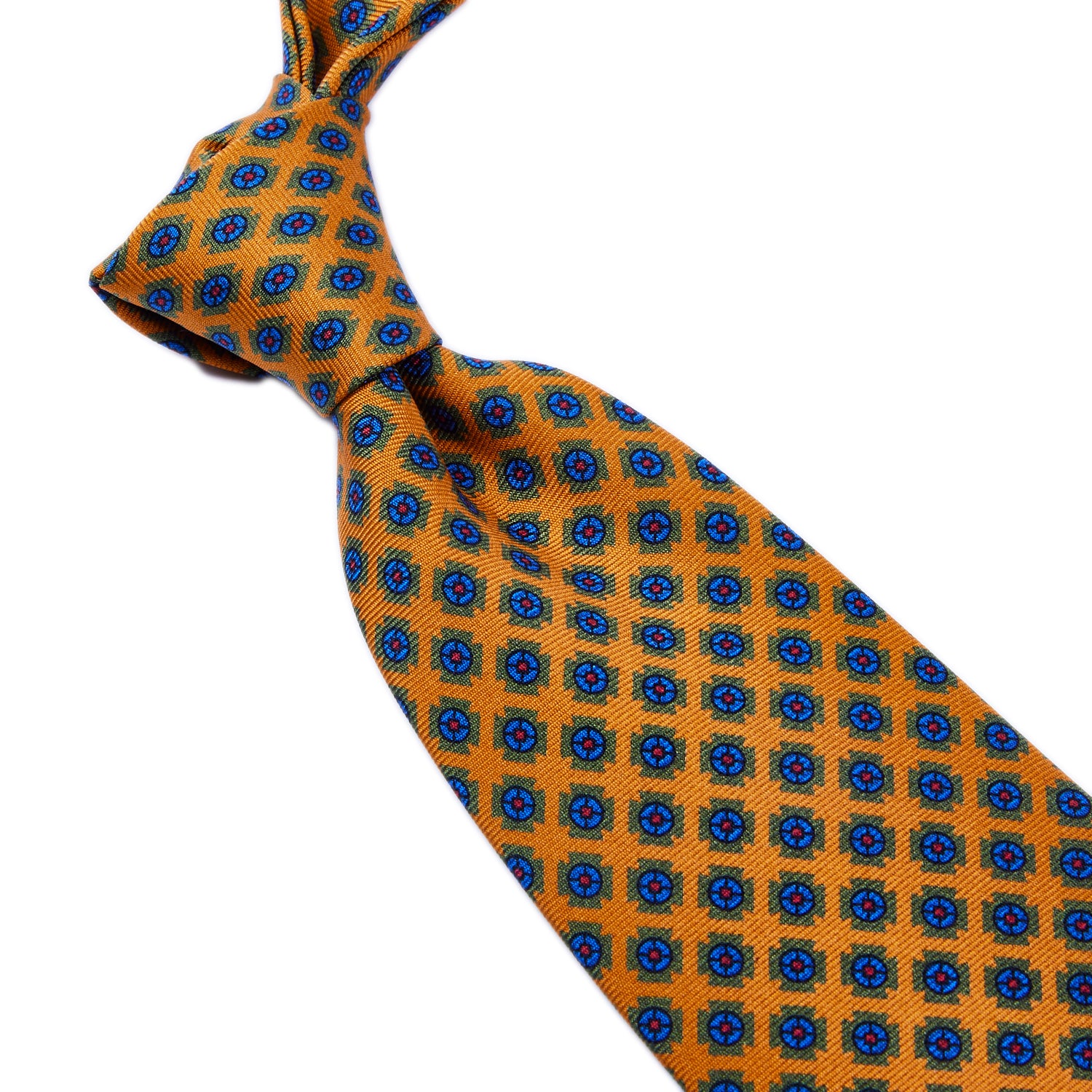 A KirbyAllison.com Sovereign Grade Amber Deco Square Printed Silk Tie on a white background.