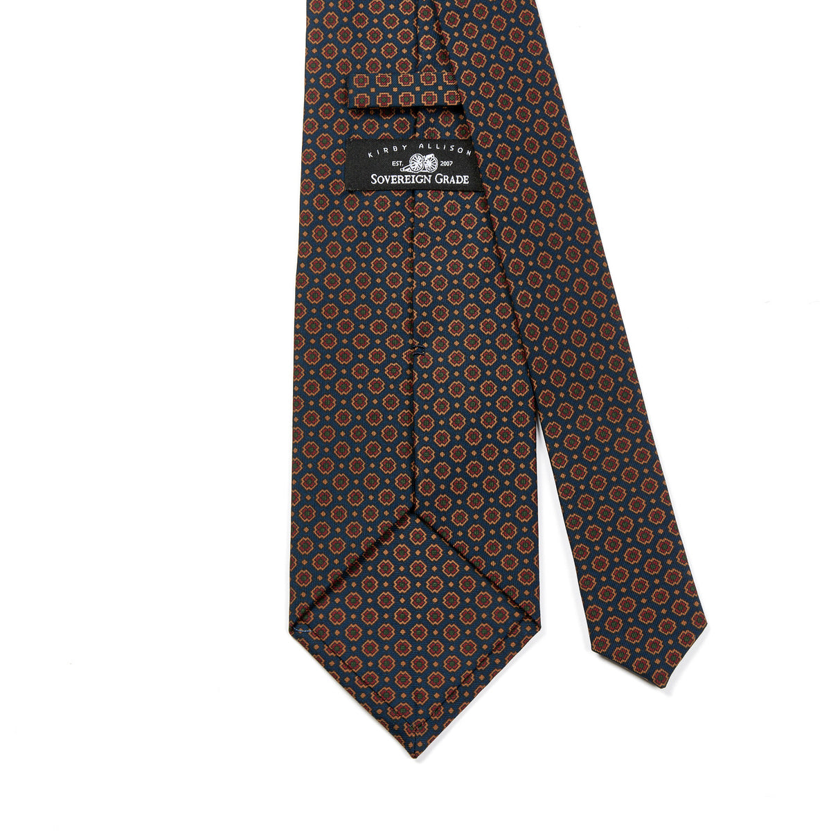 A Sovereign Grade Dark Navy Small Floral Ancient Madder tie from KirbyAllison.com, handcrafted in the United Kingdom.