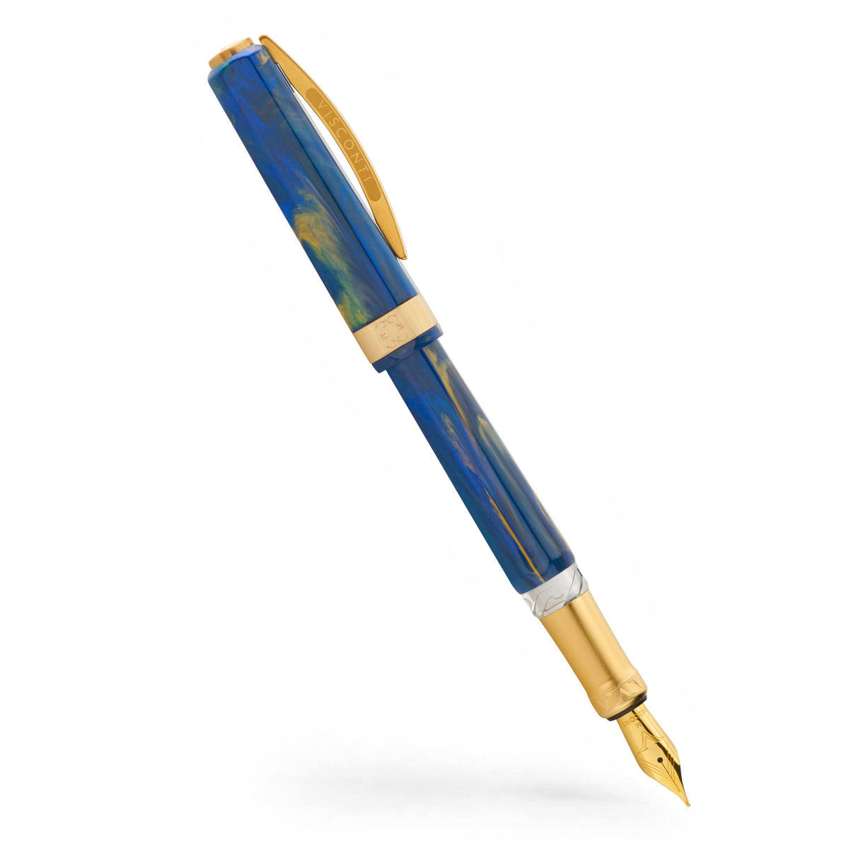 A Coles of London Visconti Opera Gold Blue Fountain Pen on a white background.
