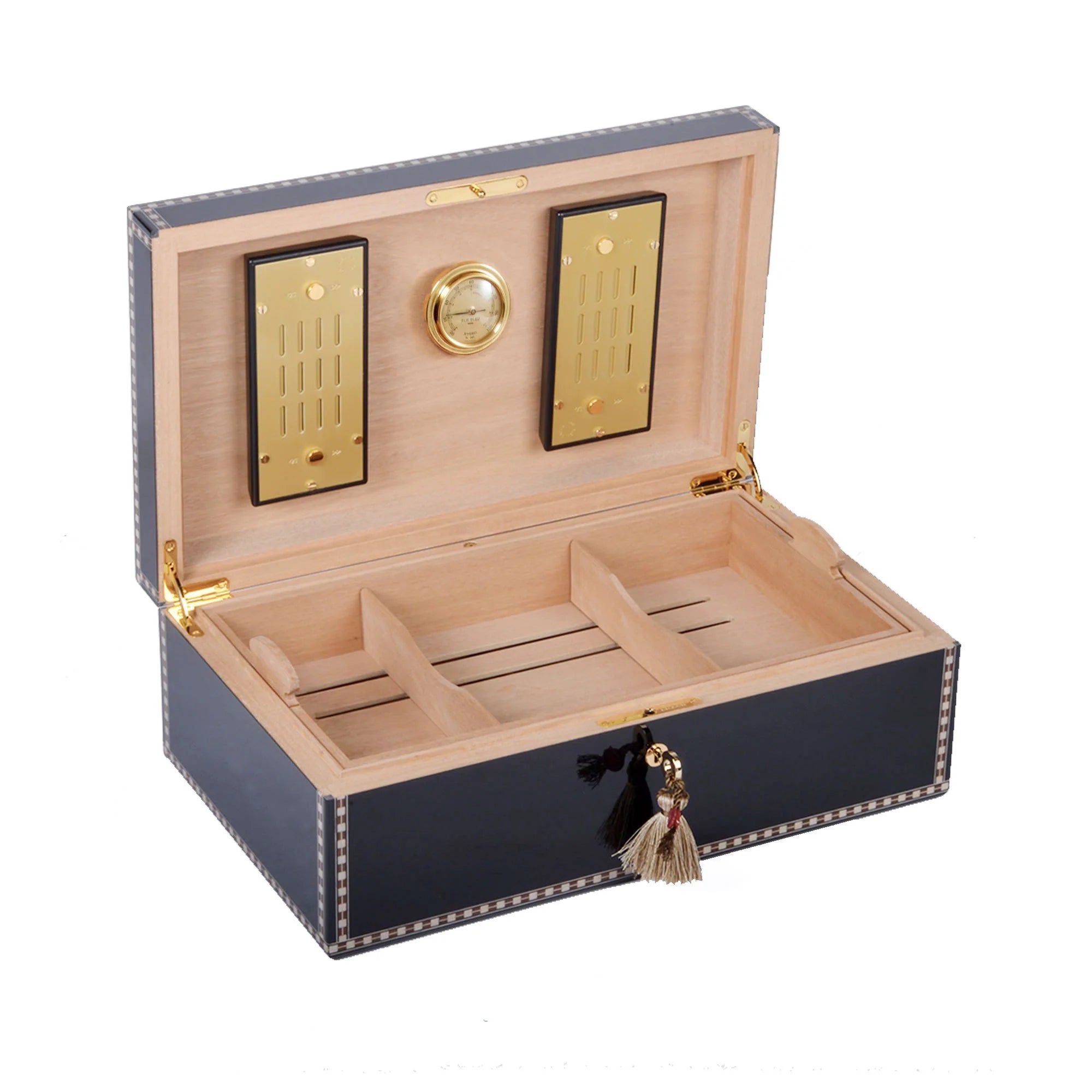 An Elie Bleu Black Sycamore "Medals" humidor adorned with a tassel, designed to store cigars.