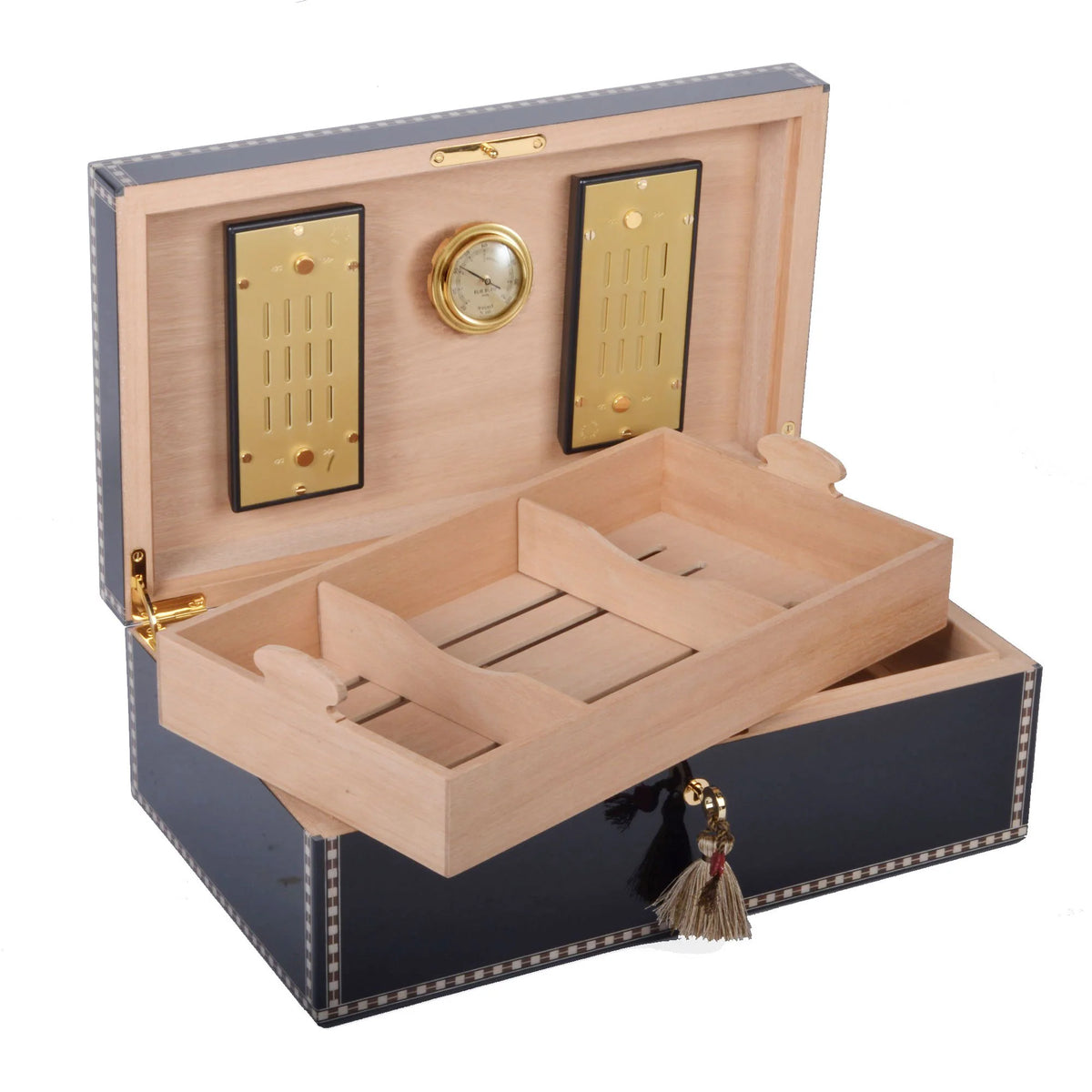 A black and gold Elie Bleu Black Sycamore "Medals" Humidor - 120 Cigars decorated with a tassel, made by Elie Bleu.