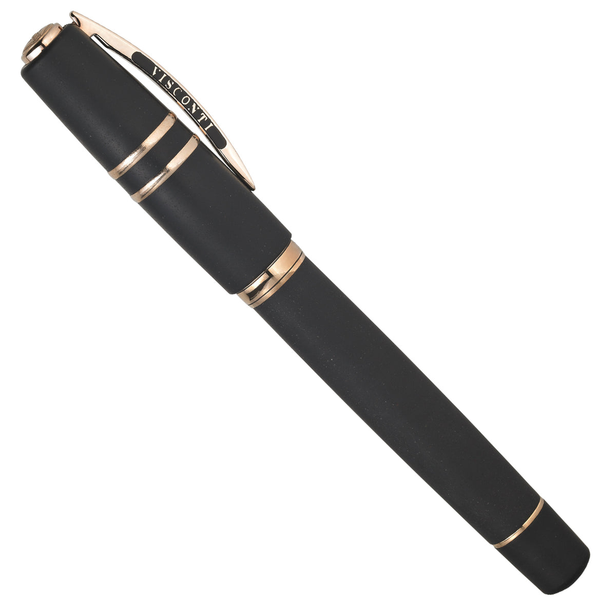 A Visconti Homo Sapiens Bronze Age Fountain Pen by Coles of London with a rose gold trim.