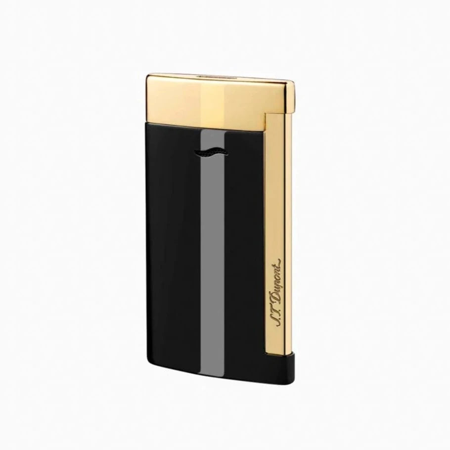 A luxury S.T. Dupont Slim 7 Black & Golden Finishes Lighter, displayed on a white background.