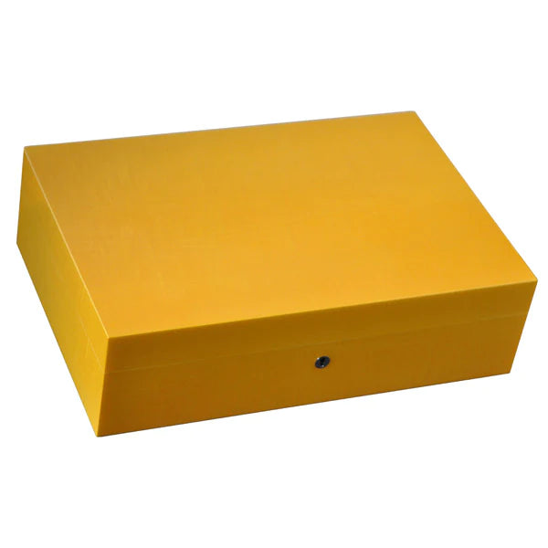 An Elie Bleu Yellow Sycamore "Fruit" Humidor - 110 Cigars for an Elie Bleu cigar collection on a white background.