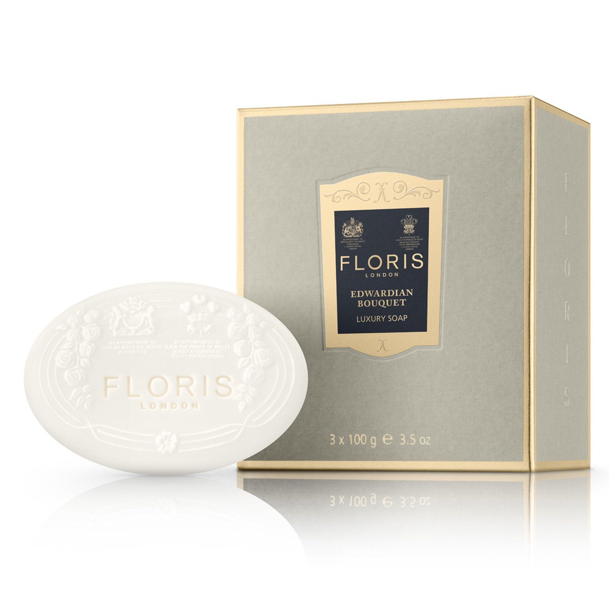 KirbyAllison.com's FLORIS Edwardian Bouquet Luxury Soap with a luxurious box in front.