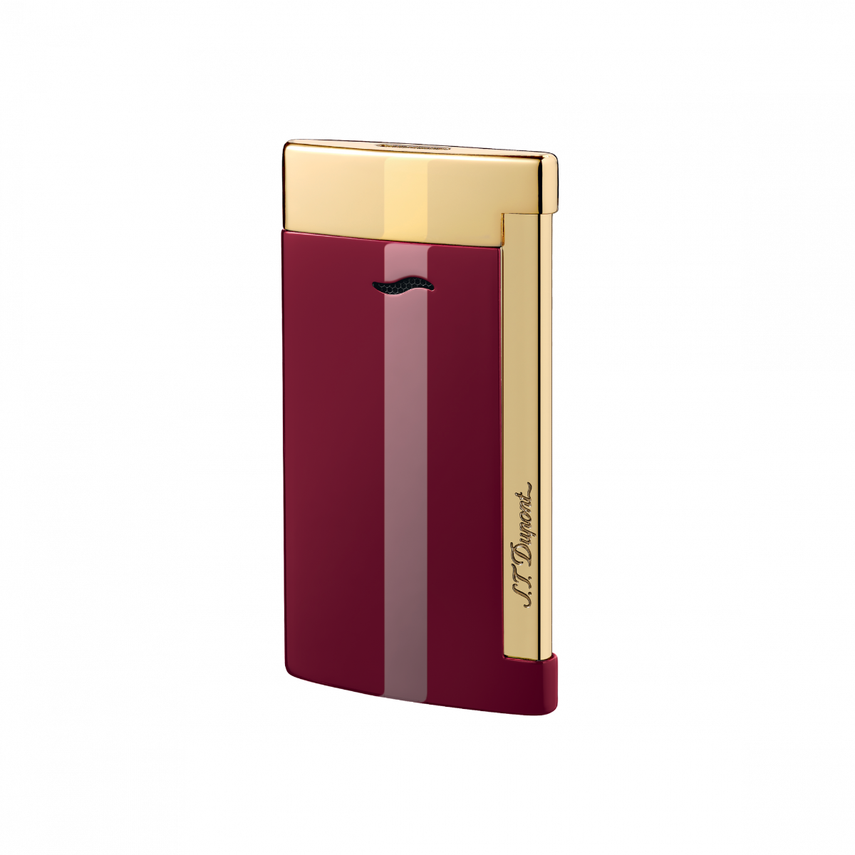 A burgundy S.T. Dupont Slim 7 Red & Gold Lighter with gold trim from S.T. Dupont's Slim 7 collection.