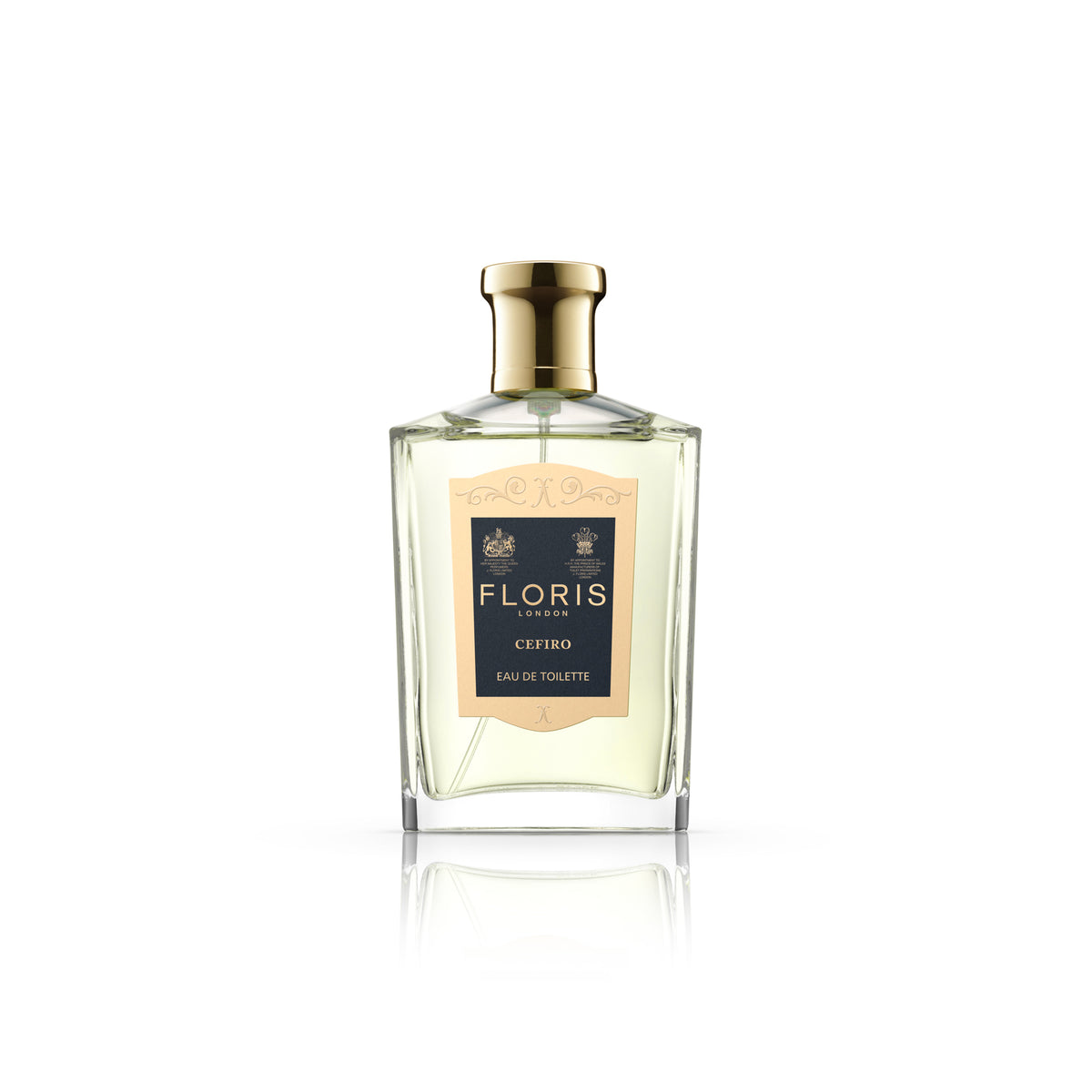 A bottle of FLORIS Cefiro 100 ML fragrance by KirbyAllison.com on a white background.