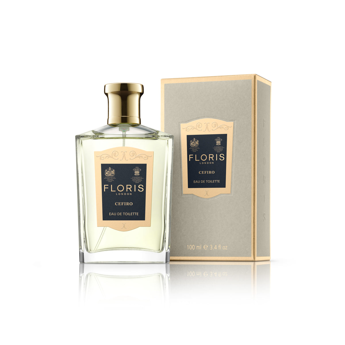 A bottle of FLORIS Cefiro 100 ML cologne for men and women on a white background by KirbyAllison.com.