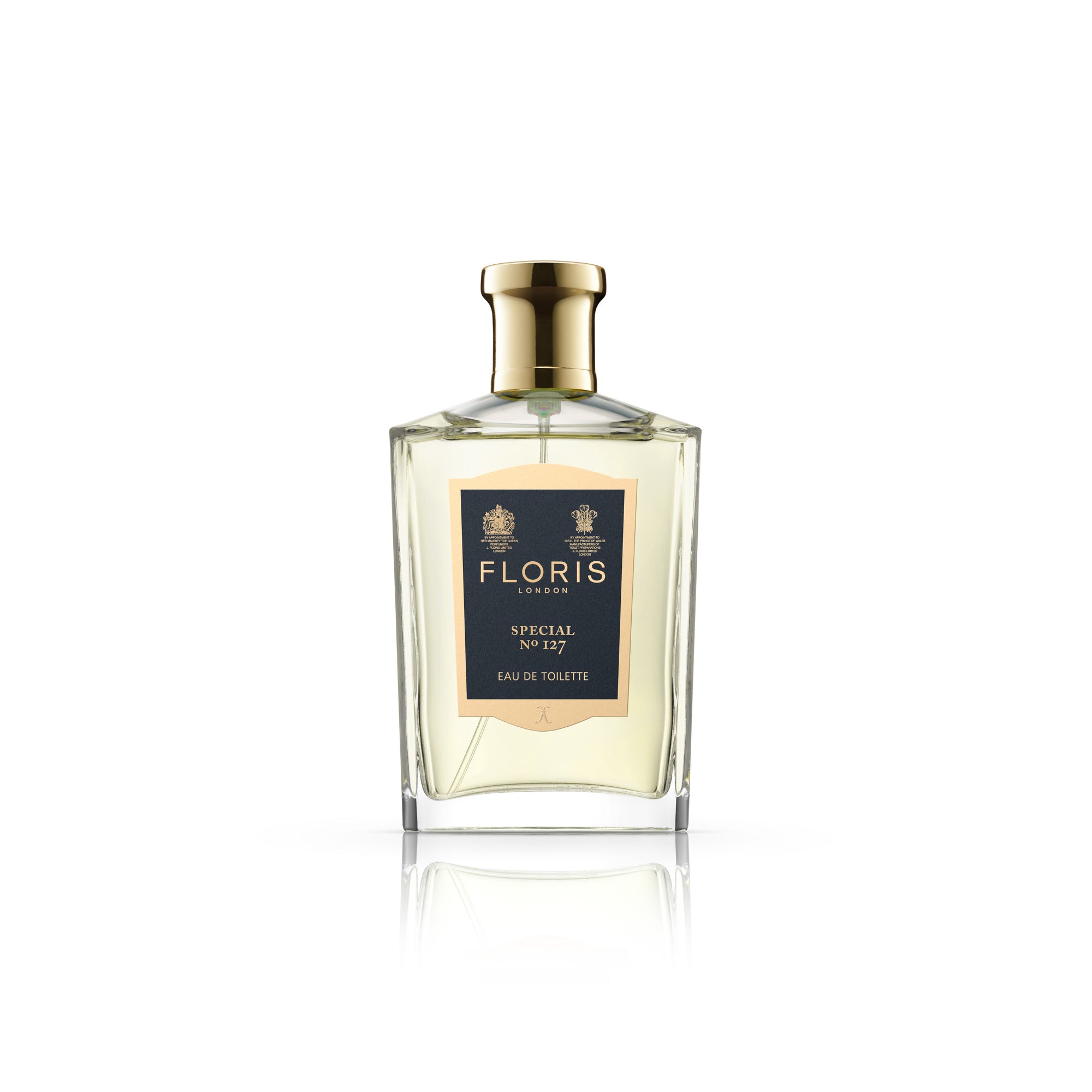 A bottle of FLORIS Special 127 100 ML cologne from KirbyAllison.com with a citrus floral scent on a white background.