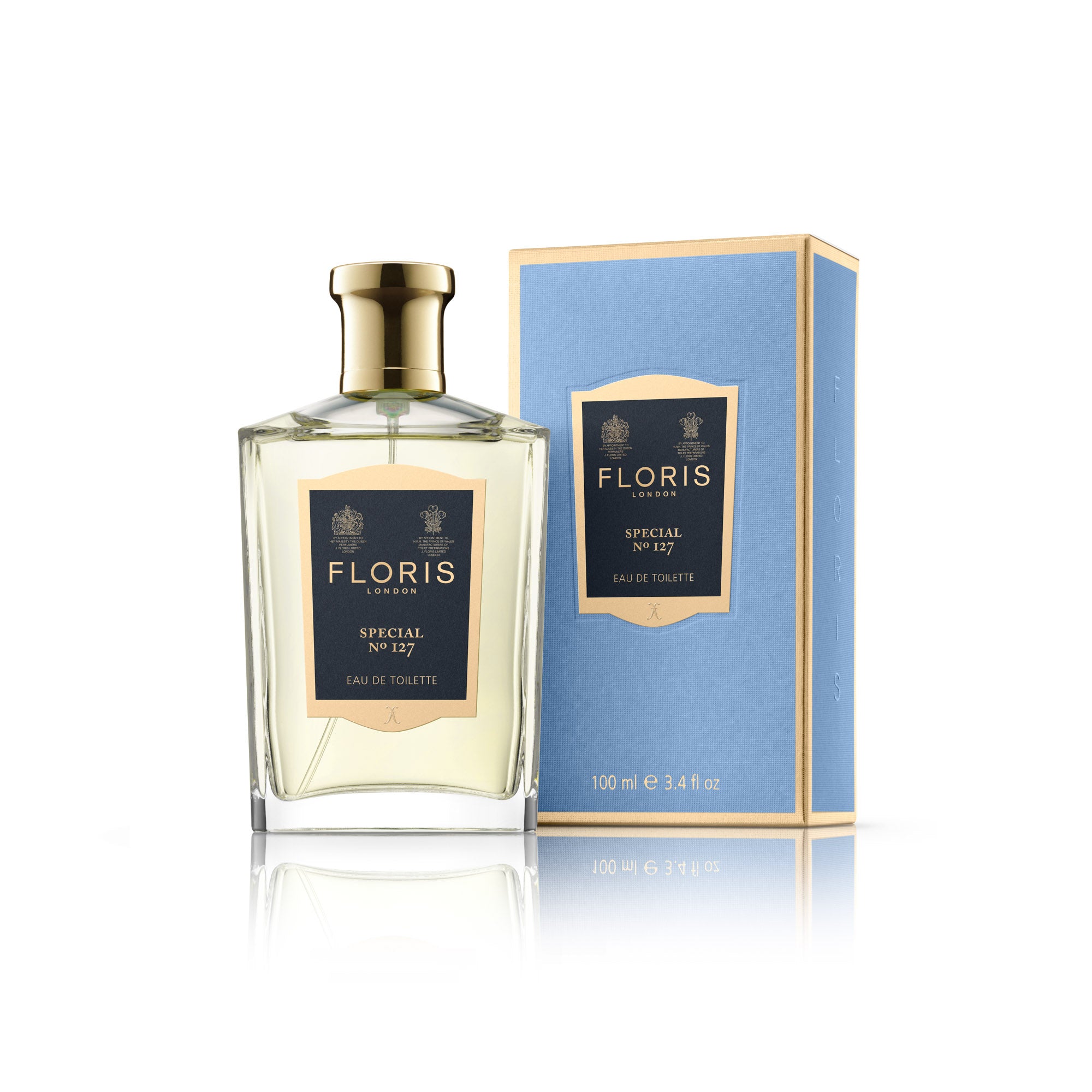 A bottle of FLORIS Special 127 100 ML citrus floral cologne on a white background.