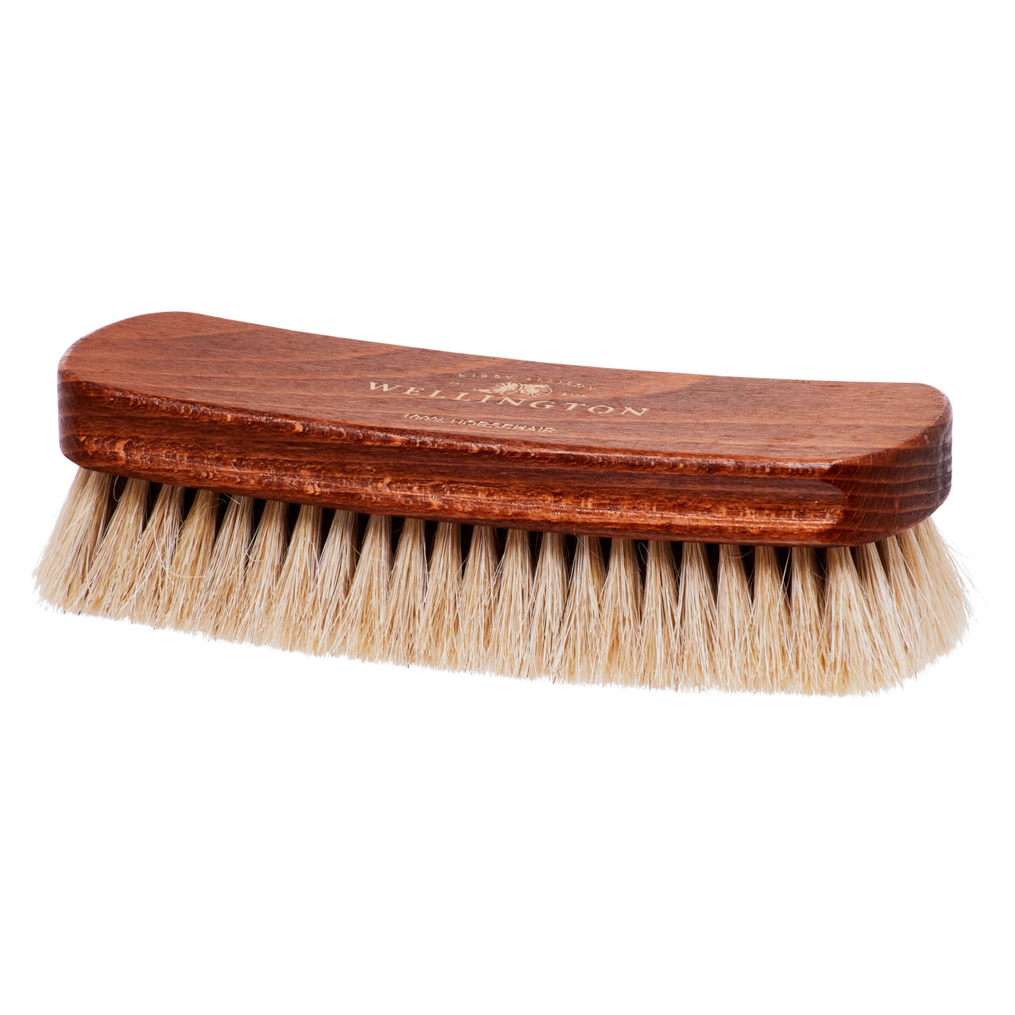 A Medium Wellington Horsehair Shoe Polishing Brush from KirbyAllison.com with horsehair bristles on a white background.