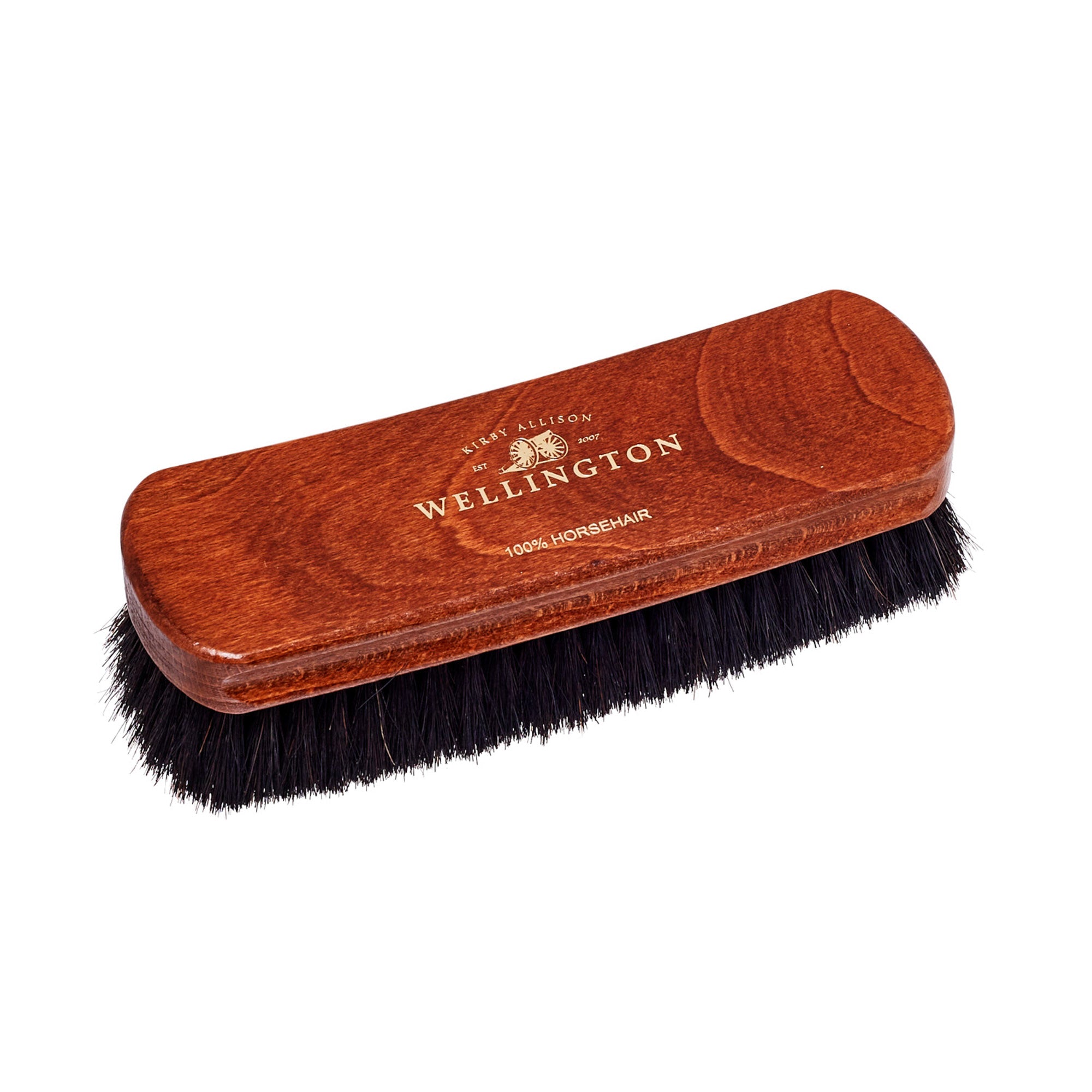 A highest quality Medium Wellington Horsehair Shoe Polishing Brush with the word KirbyAllison.com on it.