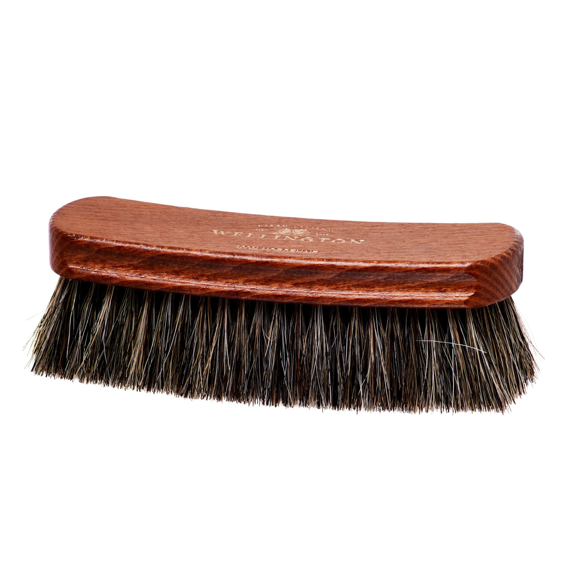 A Deluxe Wellington Horsehair Buffing Brush by KirbyAllison.com for shoe care with a wooden handle.