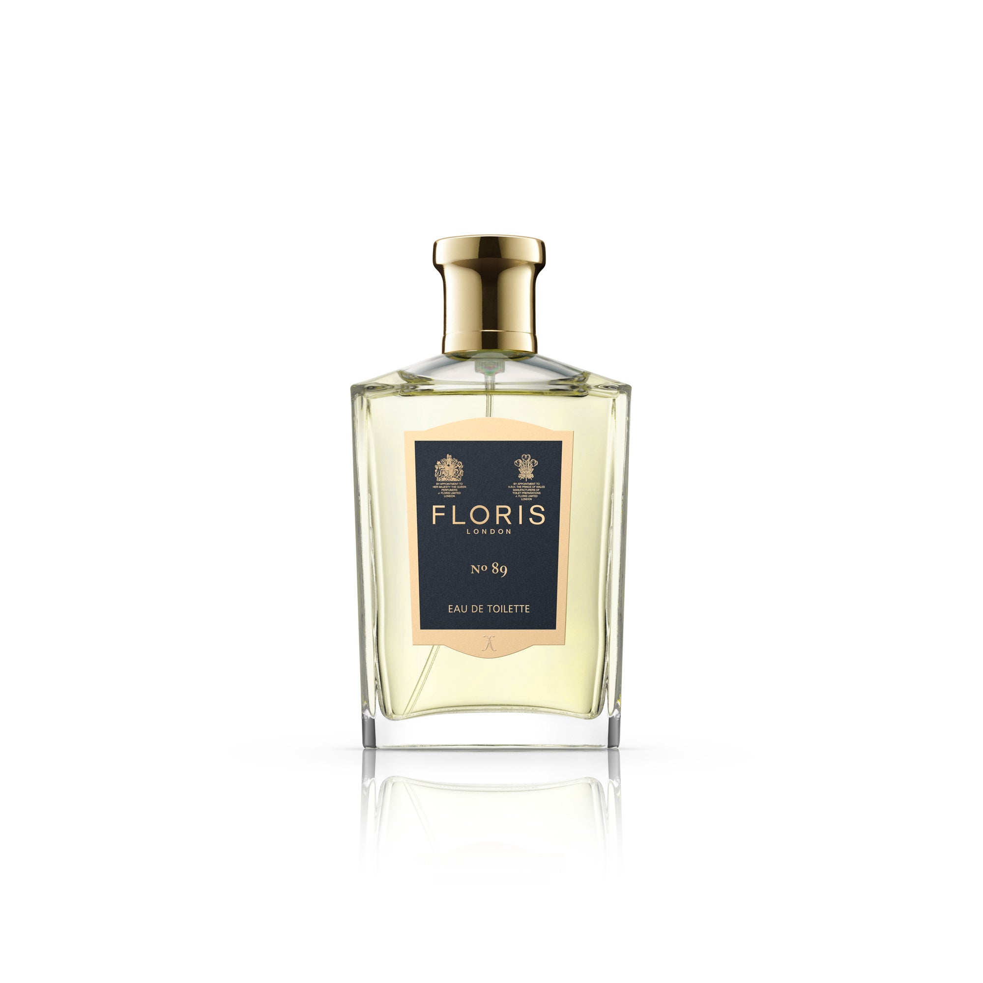 A bottle of FLORIS No.89 100 ML citrus fragrance cologne on a white background by KirbyAllison.com.