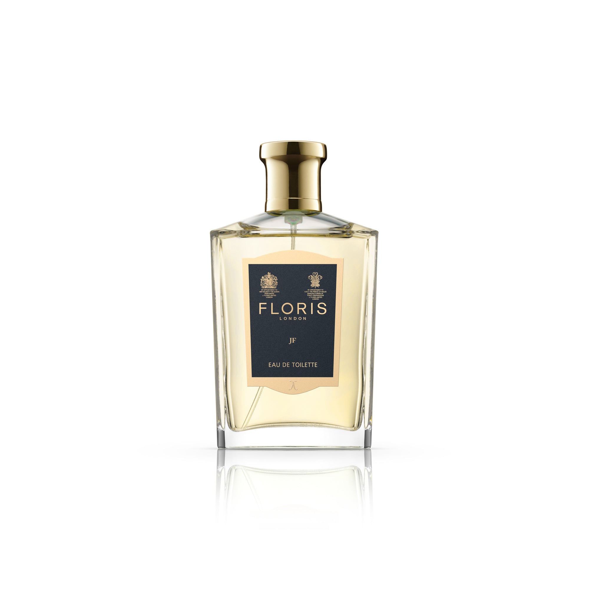 A bottle of FLORIS JF 100 ML citrus fragrance on a white background from KirbyAllison.com.