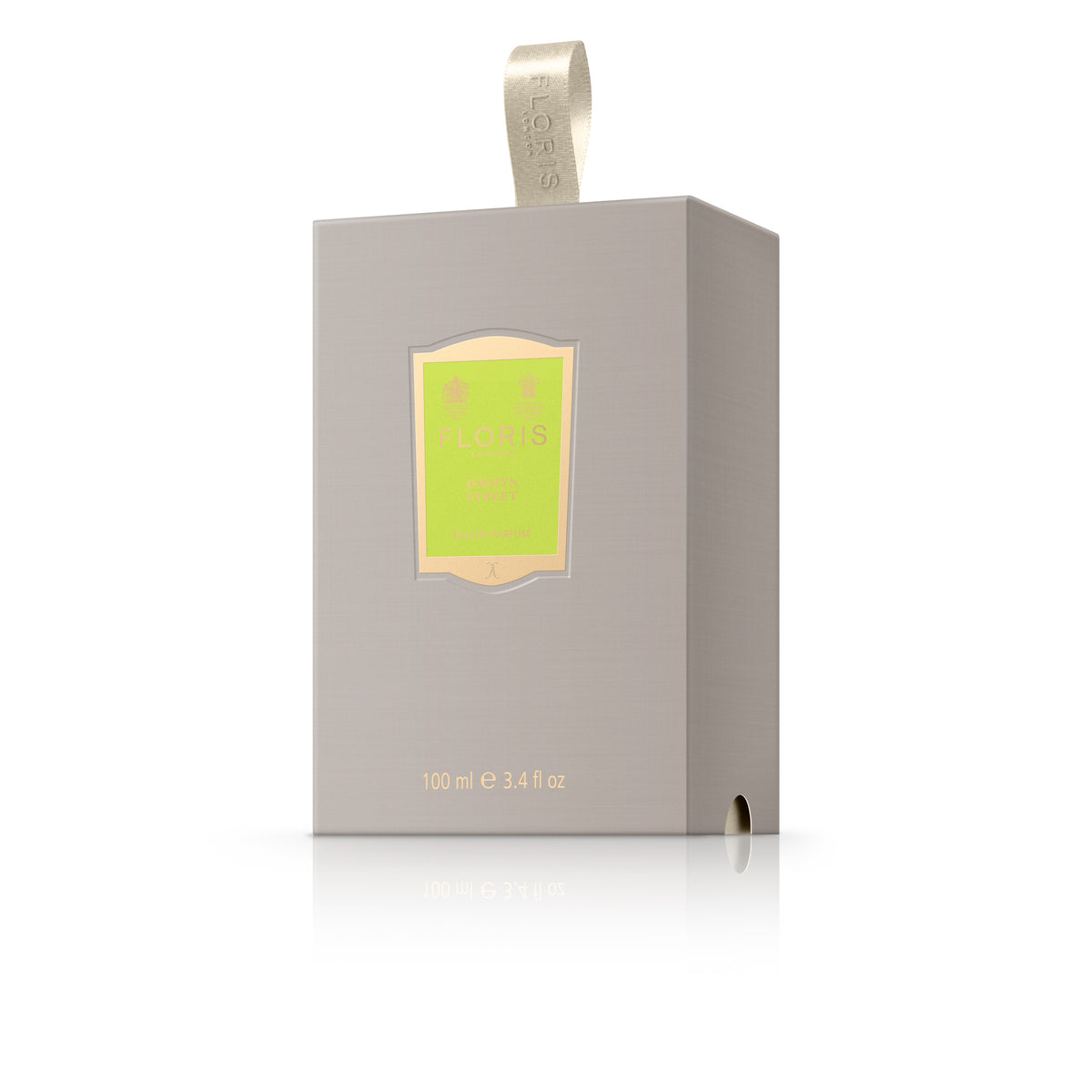 A grey box with a green label containing FLORIS Jermyn Street 100 ML fragrance, from KirbyAllison.com.