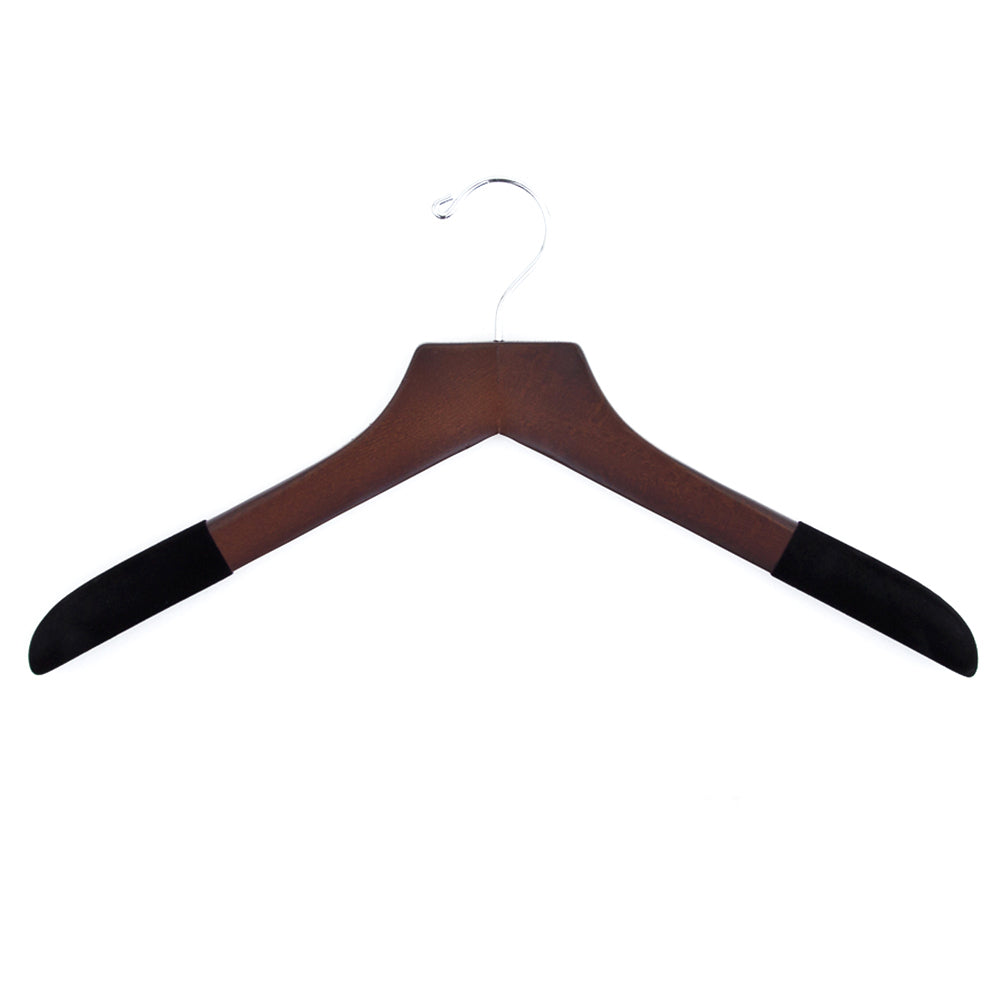 An Extra-Large 21" Luxury Wooden Sweater and Polo Hanger with brown handles from KirbyAllison.com.