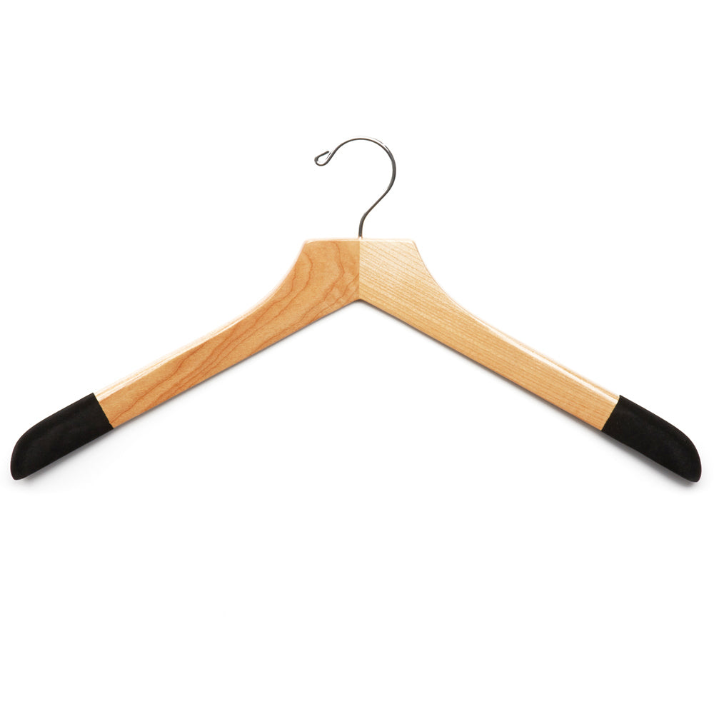 An Extra-Large 21" Luxury Wooden Sweater and Polo Hanger with black handles on a white background for luxury sweaters and polos from KirbyAllison.com.