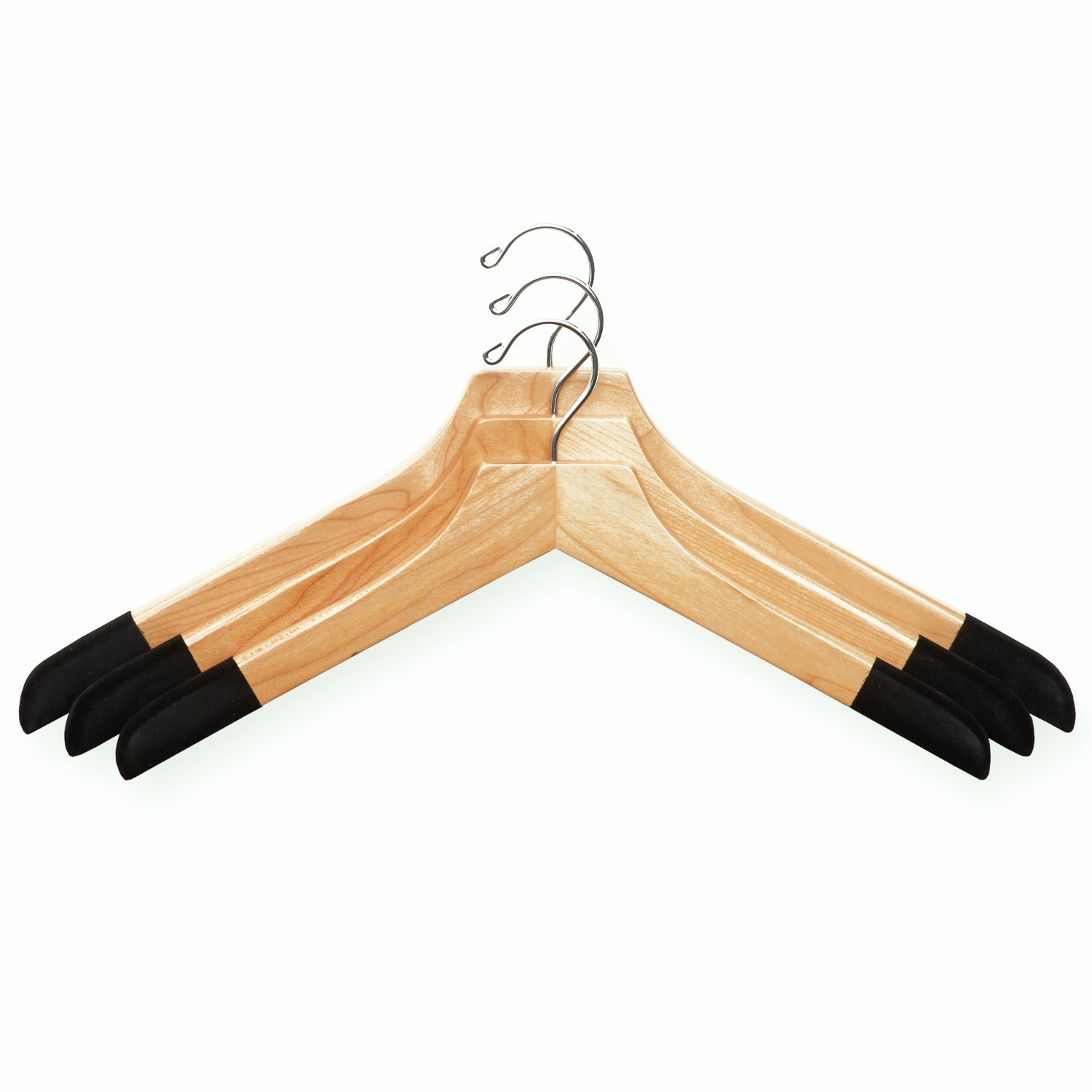 Four Extra-Large 21" Luxury Wooden Sweater and Polo Hangers with black handles on a white background from KirbyAllison.com.