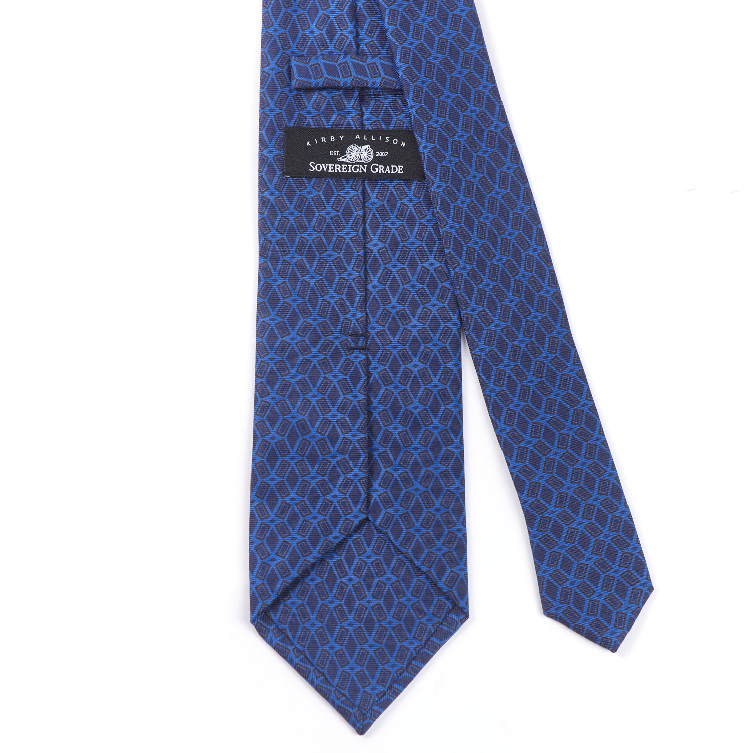 A KirbyAllison.com Sovereign Grade Lido Burgundy Ancient Madder Tie, 150cm, with a classic black and blue pattern.