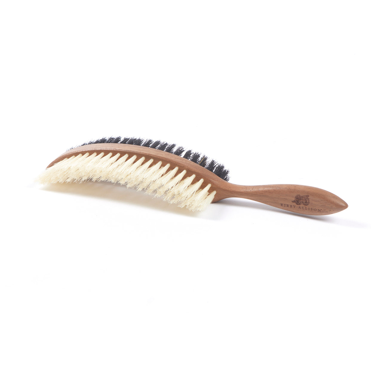 A luxurious Kirby Allison Double-Sided Hat Brush with a wooden handle on a white background.