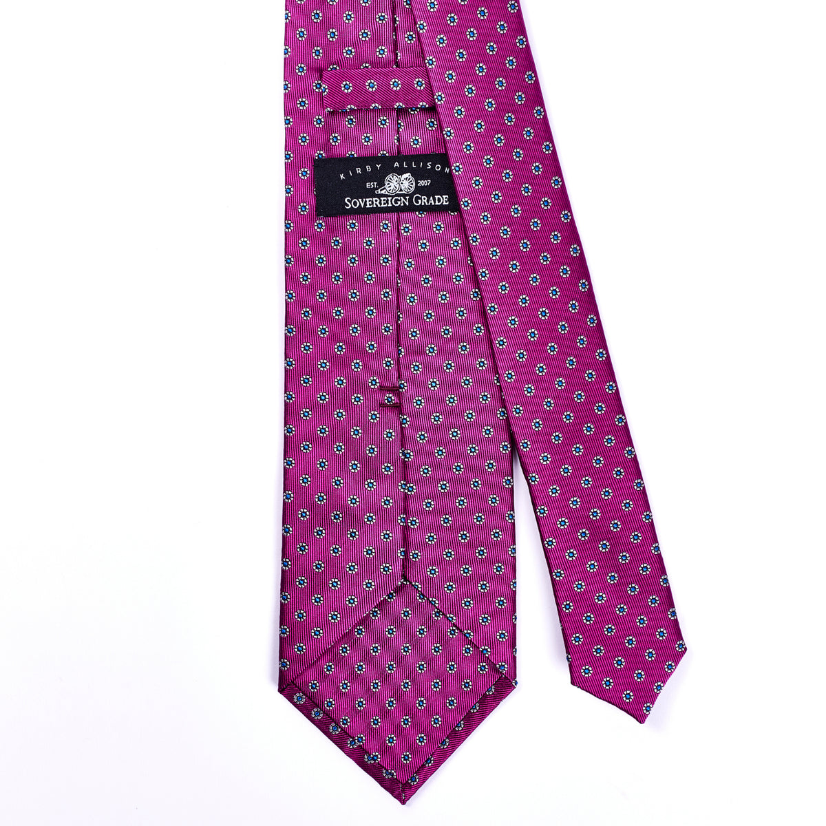 A Sovereign Grade Fuchsia Floral Jacquard tie, 150 cm, from KirbyAllison.com with a pink and blue pattern on a white background.