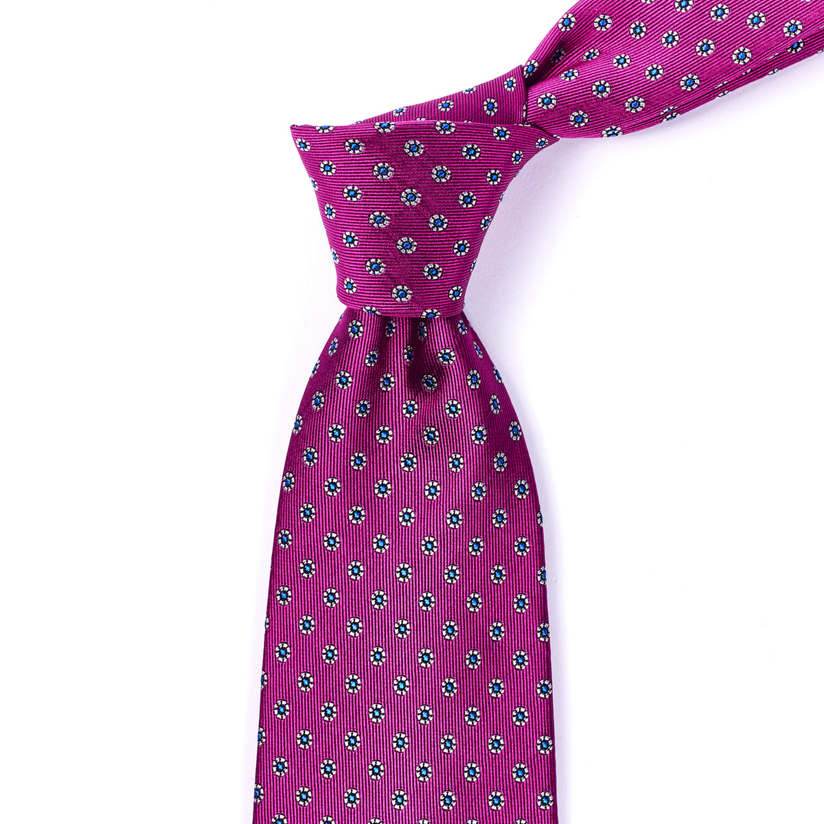 A Sovereign Grade Fuchsia Floral Jacquard Tie, 150 cm from KirbyAllison.com with a polka dot pattern was handmade in the United Kingdom.