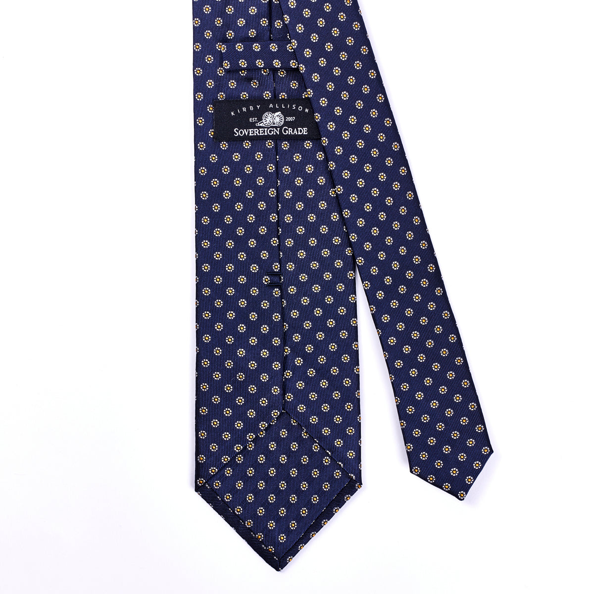 A high-quality Sovereign Grade Midnight Navy Floral Jacquard Tie, 150 cm by KirbyAllison.com on a white background.