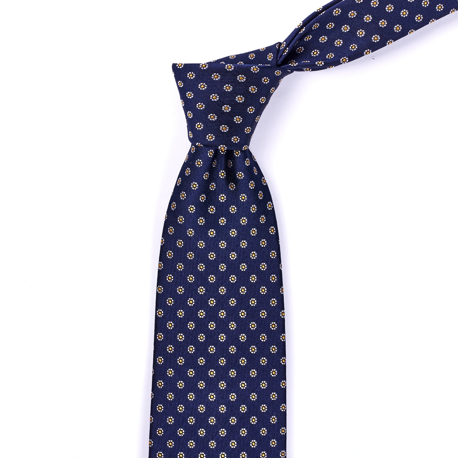 Sovereign Grade Midnight Navy Floral Jacquard Tie, 150 cm by KirbyAllison.com is a handmade polka dot necktie in navy with gold dots of high quality.