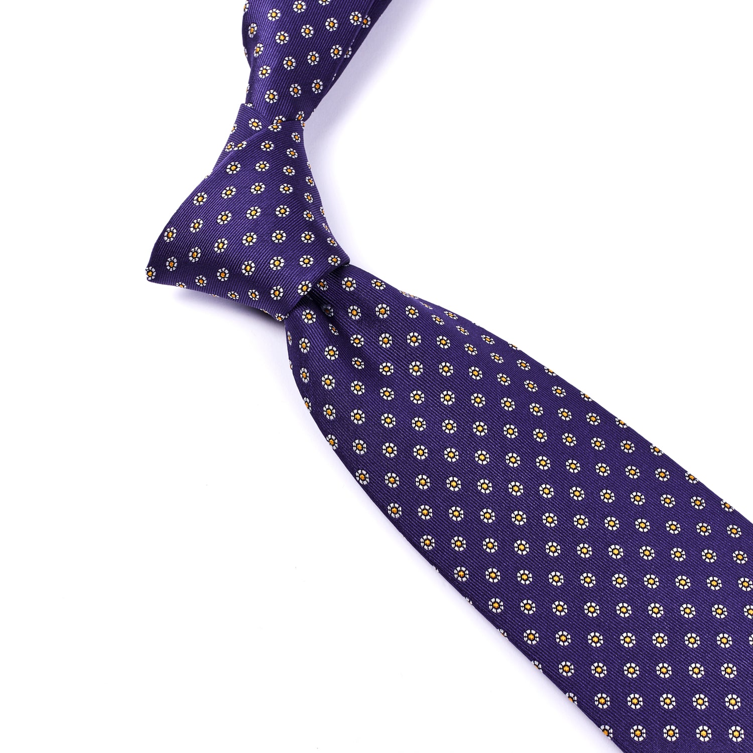 A Sovereign Grade Plum Floral Jacquard Tie with gold dots on a white background from KirbyAllison.com.