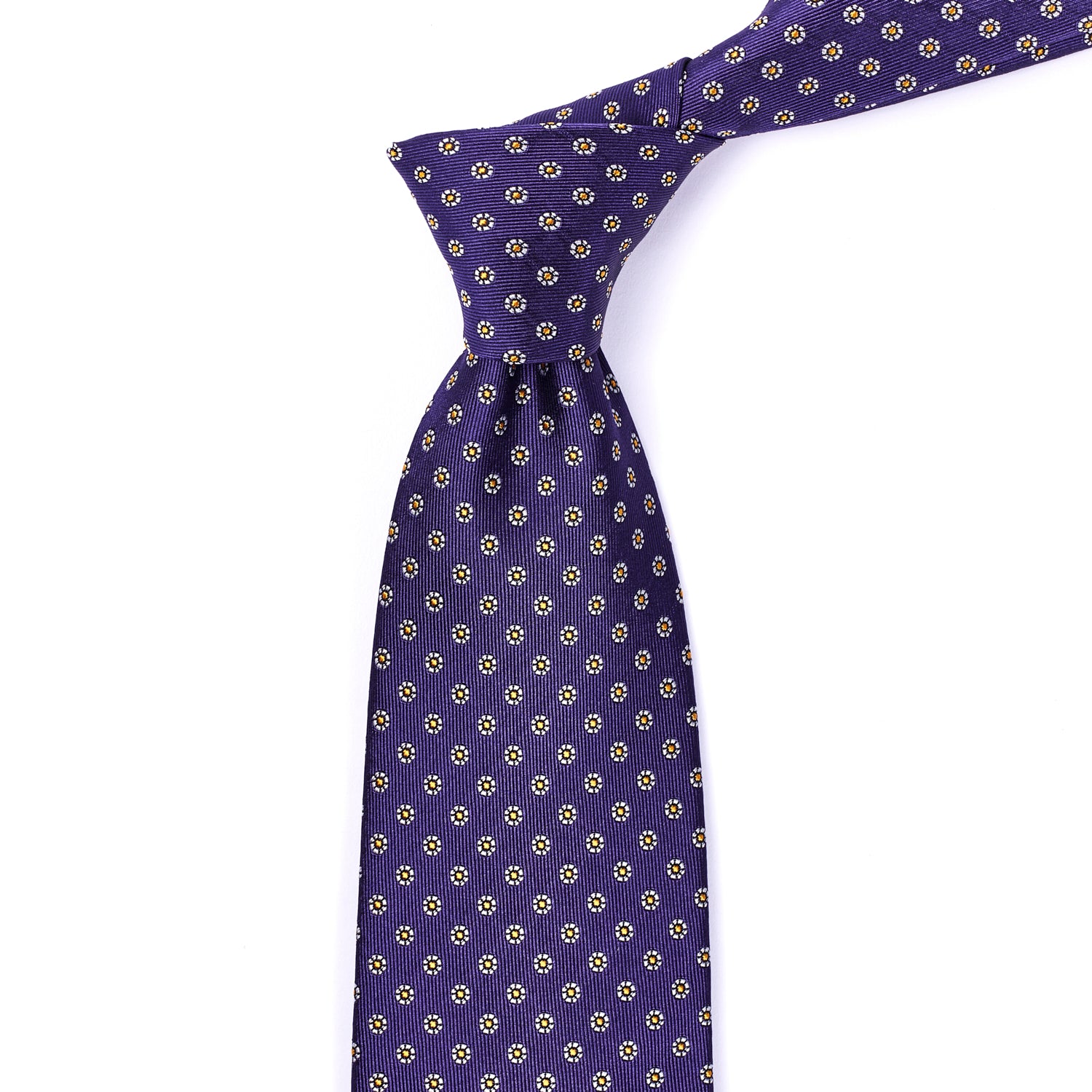 A KirbyAllison.com Sovereign Grade Plum Floral Jacquard Tie, 150 cm with a gold polka dot pattern, suitable for Sovereign Grade attire.