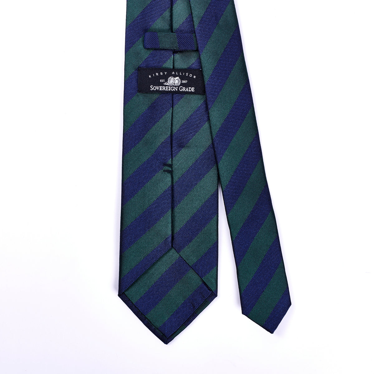 A high-quality Sovereign Grade Woven Navy and Green Rep Tie, 150 cm on a white background from KirbyAllison.com.
