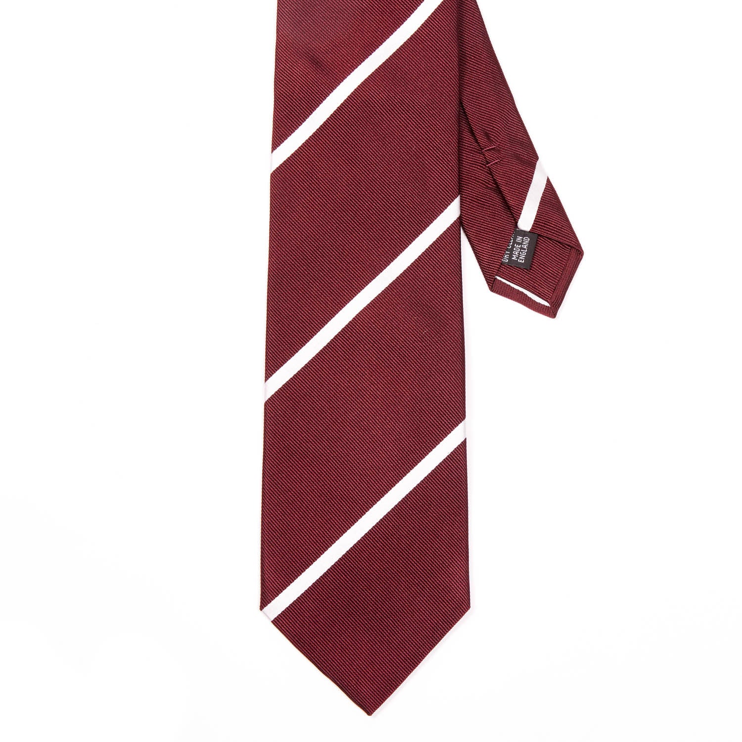 A burgundy and white striped Sovereign Grade Oxblood Narrow Rep tie from KirbyAllison.com, with premium linings, handmade in the United Kingdom, on a white background.