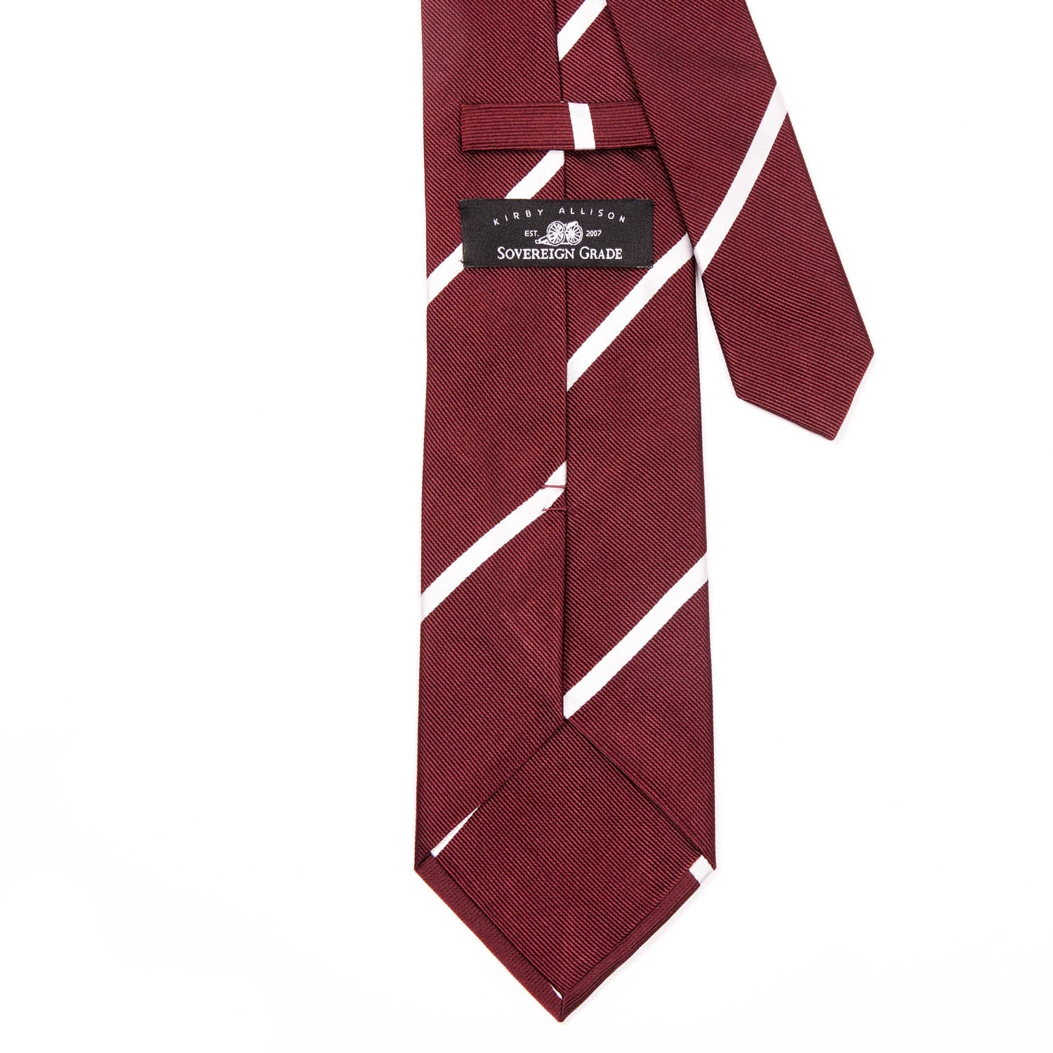 A Sovereign Grade Oxblood Narrow Rep Tie, 150 cm from KirbyAllison.com with premium linings on a white background.