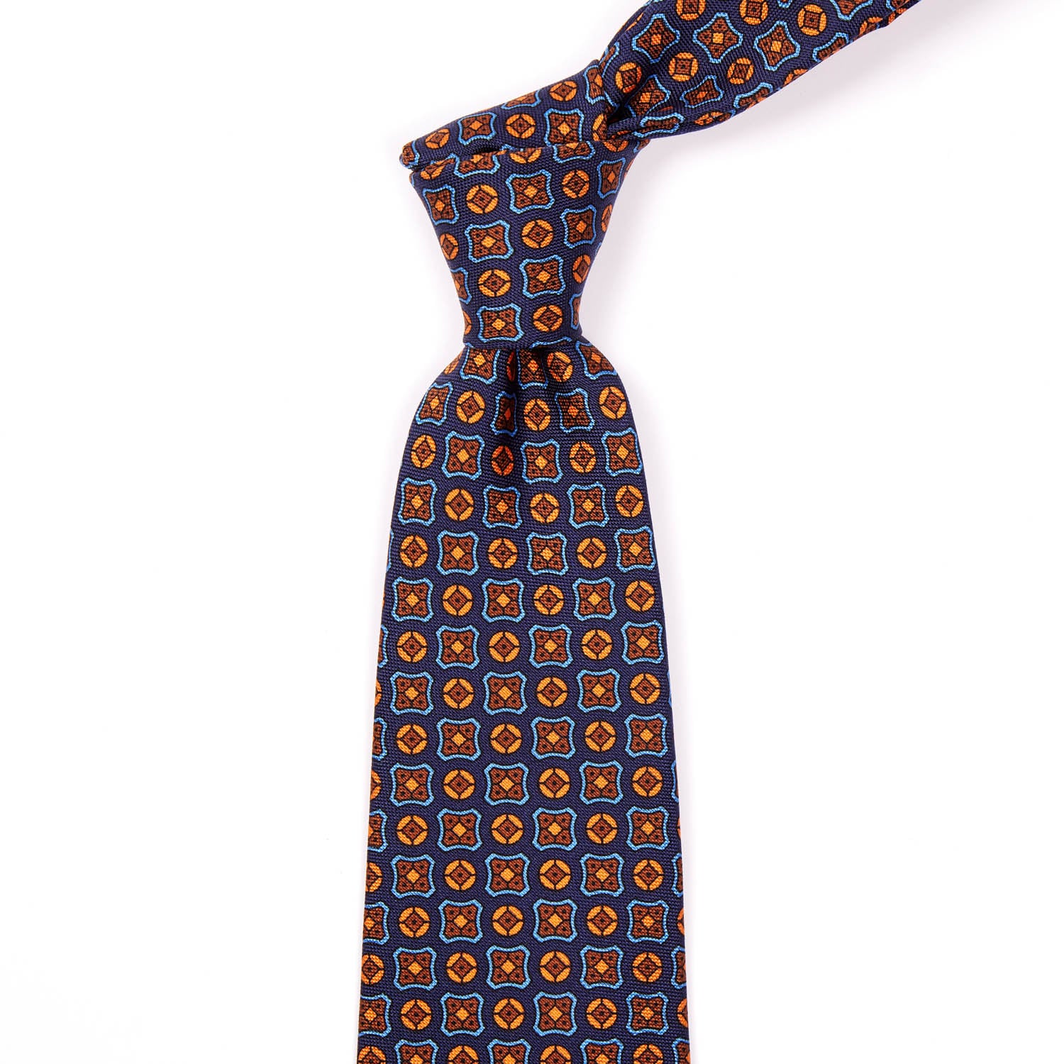 A Sovereign Grade Navy Hopsack tie, 150 cm from KirbyAllison.com, with a floral pattern.