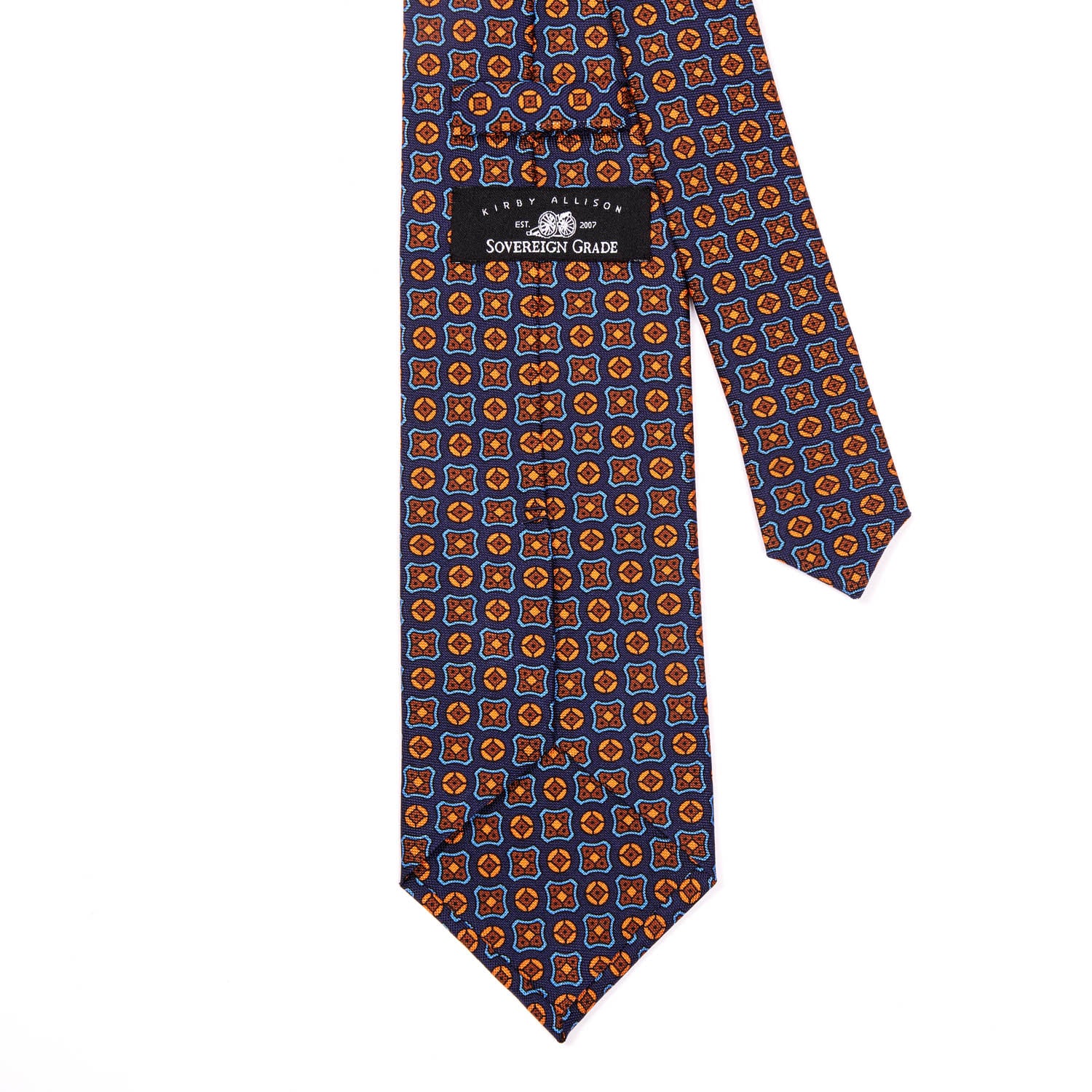 A Sovereign Grade Navy Hopsack Tie, 150 cm from KirbyAllison.com with an orange and blue pattern.