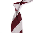 A burgundy and grey striped Sovereign Grade Oxblood Wide Rep Tie, 150cm handmade in the United Kingdom, shown on a white background by KirbyAllison.com.
