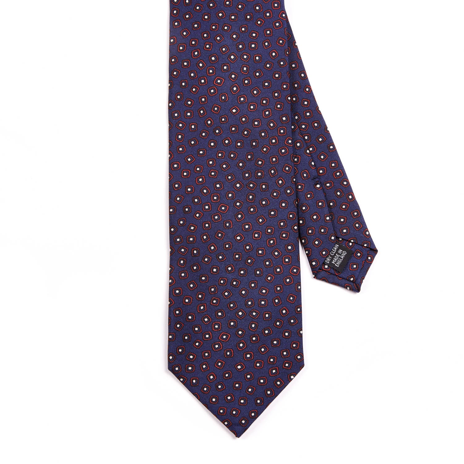 A Sovereign Grade Navy/Red Eton Printed Silk Tie, 150cm from KirbyAllison.com on a white background.