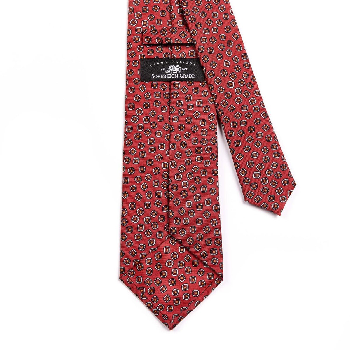 A Sovereign Grade Red Eton Printed Silk, 150cm tie from KirbyAllison.com with a black and white pattern of the highest quality.
