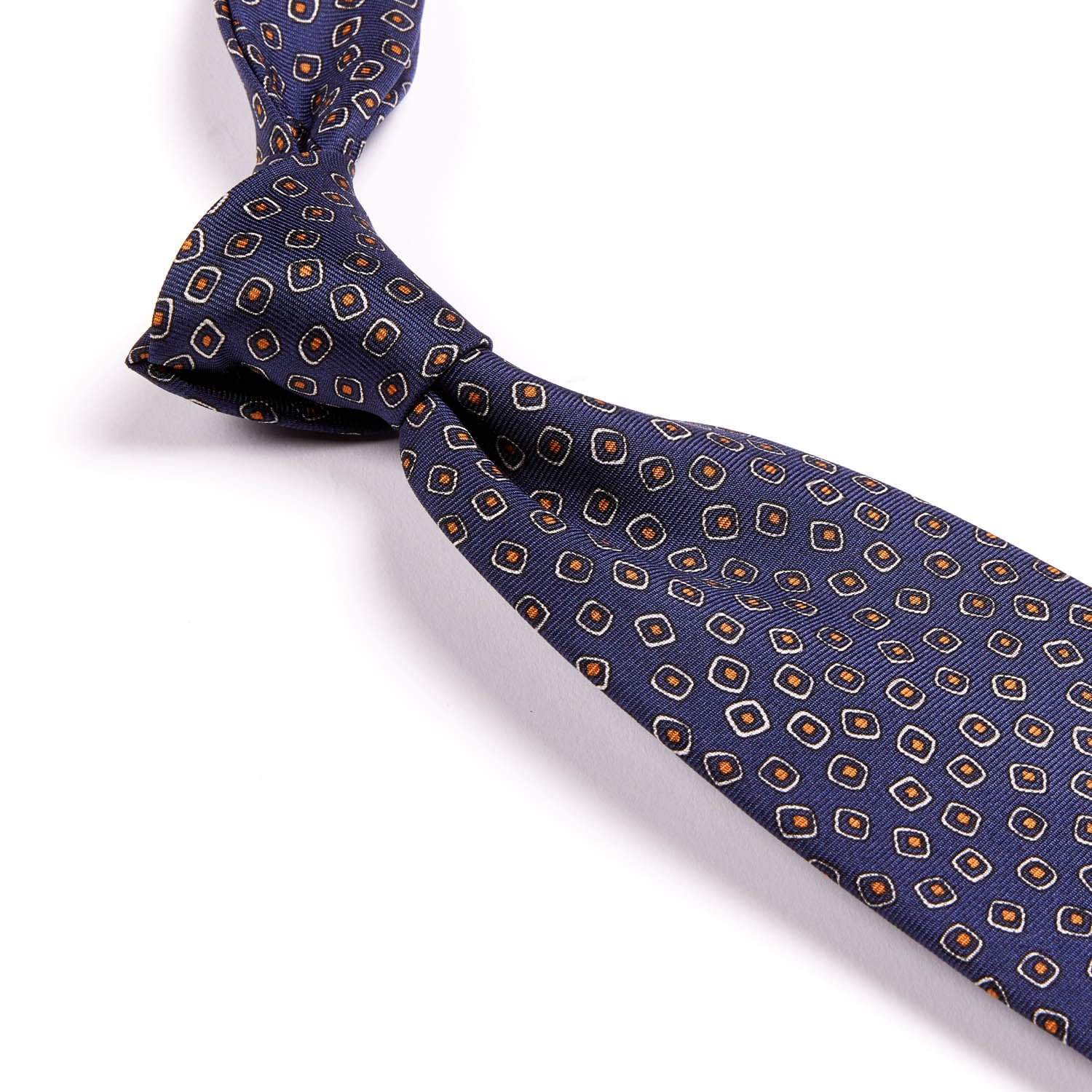 A Sovereign Grade Navy/White Eton Printed Silk Tie, 150cm from KirbyAllison.com, crafted from 100% English silk.