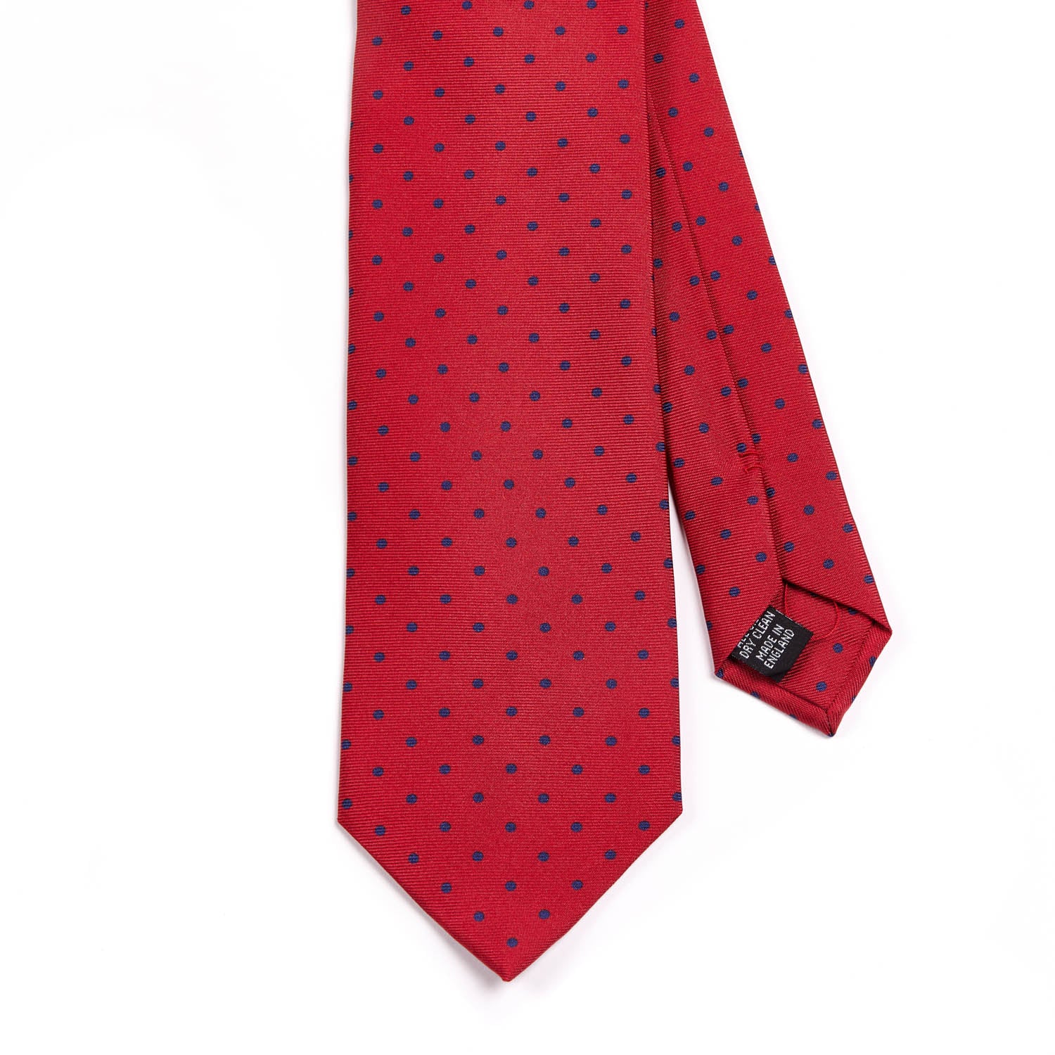 A Sovereign Grade Red London Dot Printed Silk Tie, 150cm on a white background of quality from KirbyAllison.com.