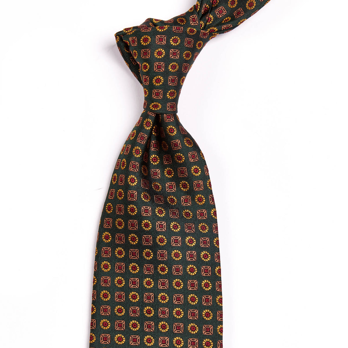 A high-quality, handmade Sovereign Grade Tartan Floral Jacquard Tie, 150 cm with a red, green and yellow pattern from KirbyAllison.com.